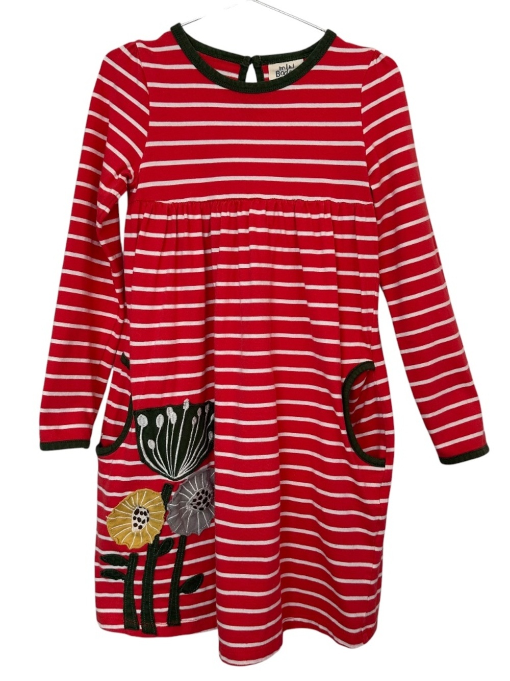 Mini Boden Girls 7-8Y Striped Floral Appliqué Dress Cottagecore Whimsical Scandi